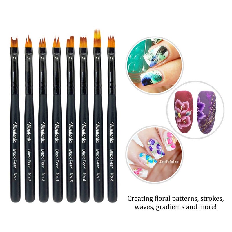Winstonia 8 Pcs Nail Brush Set for Flowers, Gradient, Ombre Art Pattern Manicure Designs - Professional Gel, Acrylic and Polish Nail Art Brushes Kit â€“ BLACK PEARL - Image 2